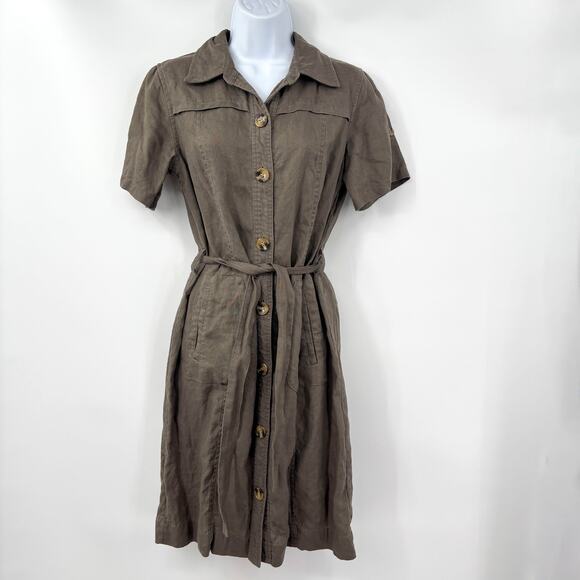 Pure Collection Linen Button Front Midi Shirt Dress Belted Brown Pockets, Size 6 - Picture 1 of 9